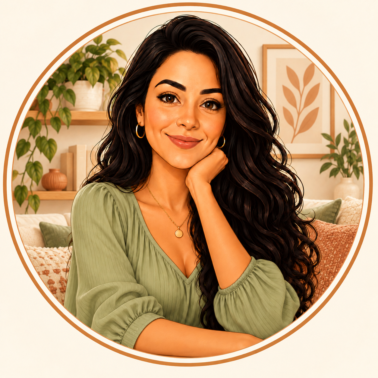 Ilustração da mascote Sol, com cabelos longos e escuros e blusa verde-sálvia, representando o Cantinho da Sol.